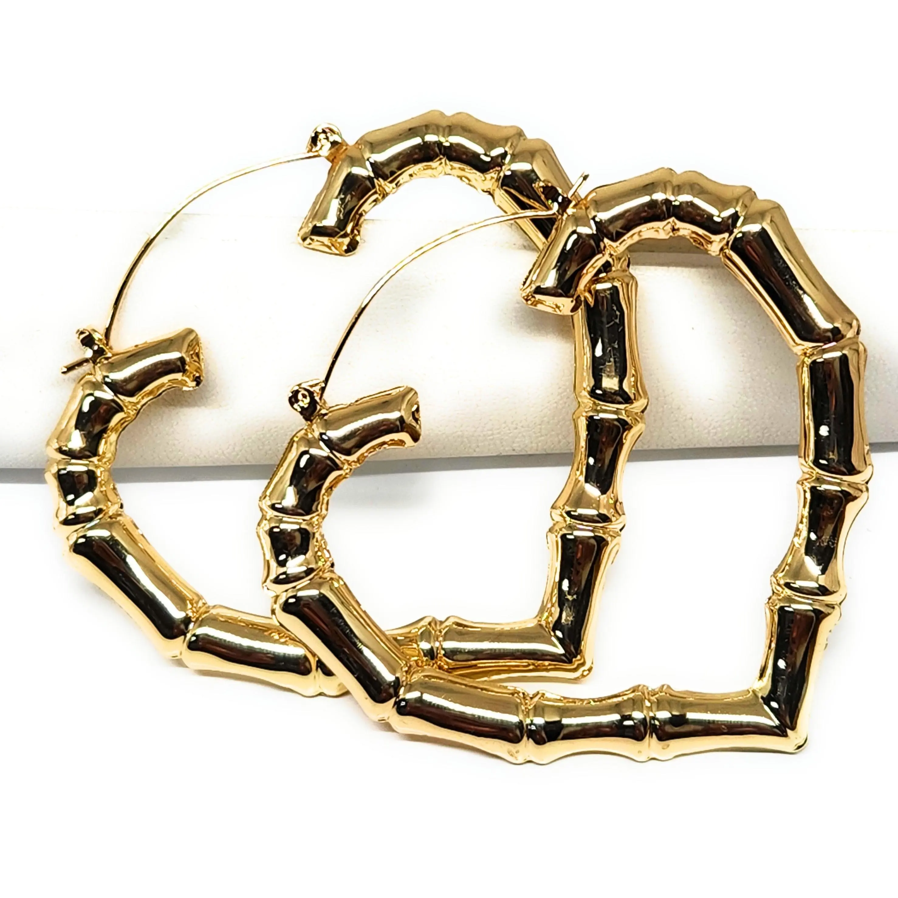 Gold Plated Bamboo Heart Hoop Earrings Aretes Arracadas (2.5 INCH)