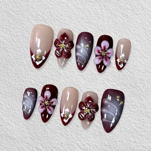 Pressmeon Handmade Press-on Nails | Twilight Bloom | Medium Almond Shape Collection | 3D Luxury Salon Quality | Reusable & Extra Durable | Eco Package