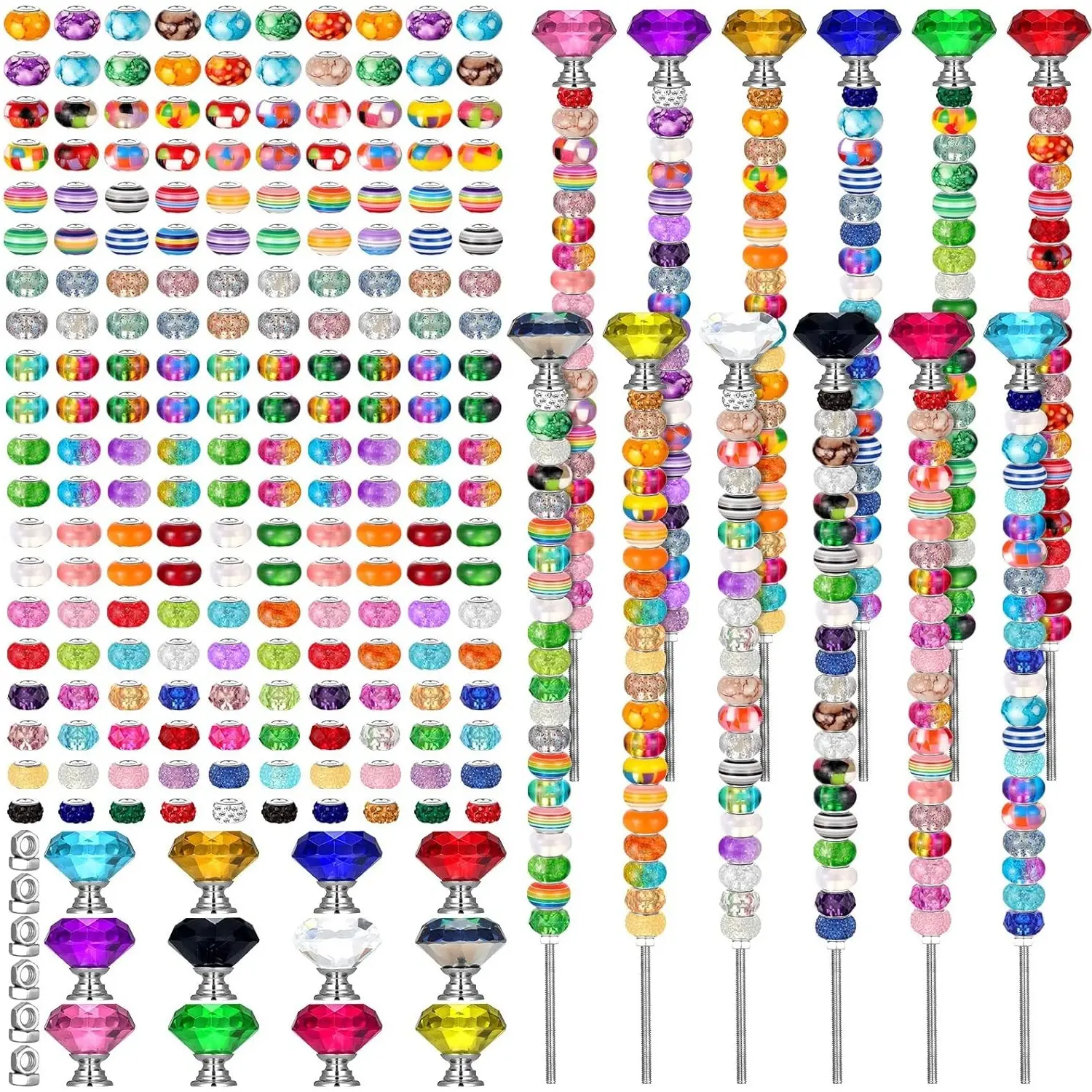236 Pcs Garden Stake DIY Tool Kit,Including Fairy Wand Plant Stake with 12 Colorful Crystal Stopper Top 12 Threaded Rod with 200 Large Hole Bead for Spring Summer Holiday Outdoor Decorations,Hand Tools Kits