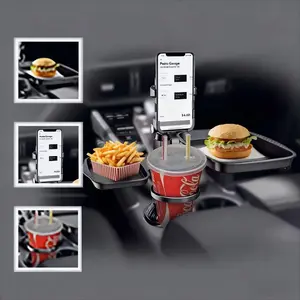 4-in-1 Car Cup Holder Tray & Tablet/Phone Mount Dual Expandable Base ABS Adjustable Rotatable Cradle Compatible with 4.7-13" Devices