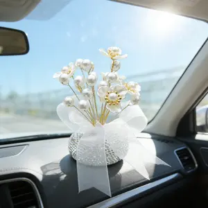 Luxury Rhinestone Starry Three-Petal Flower Car Ornament, High-End Pearl Flower Interior Decoration, Elegant Car Accessories, Boujee Car Accessories