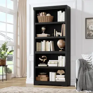 75" Tall Farmhouse Bookshelf, 5 Tier Open Bookcase with Adjustable Shelves, Anti-Tip Floor Standing Storage Organizer for Living Room, Home Office, Balcony & Study