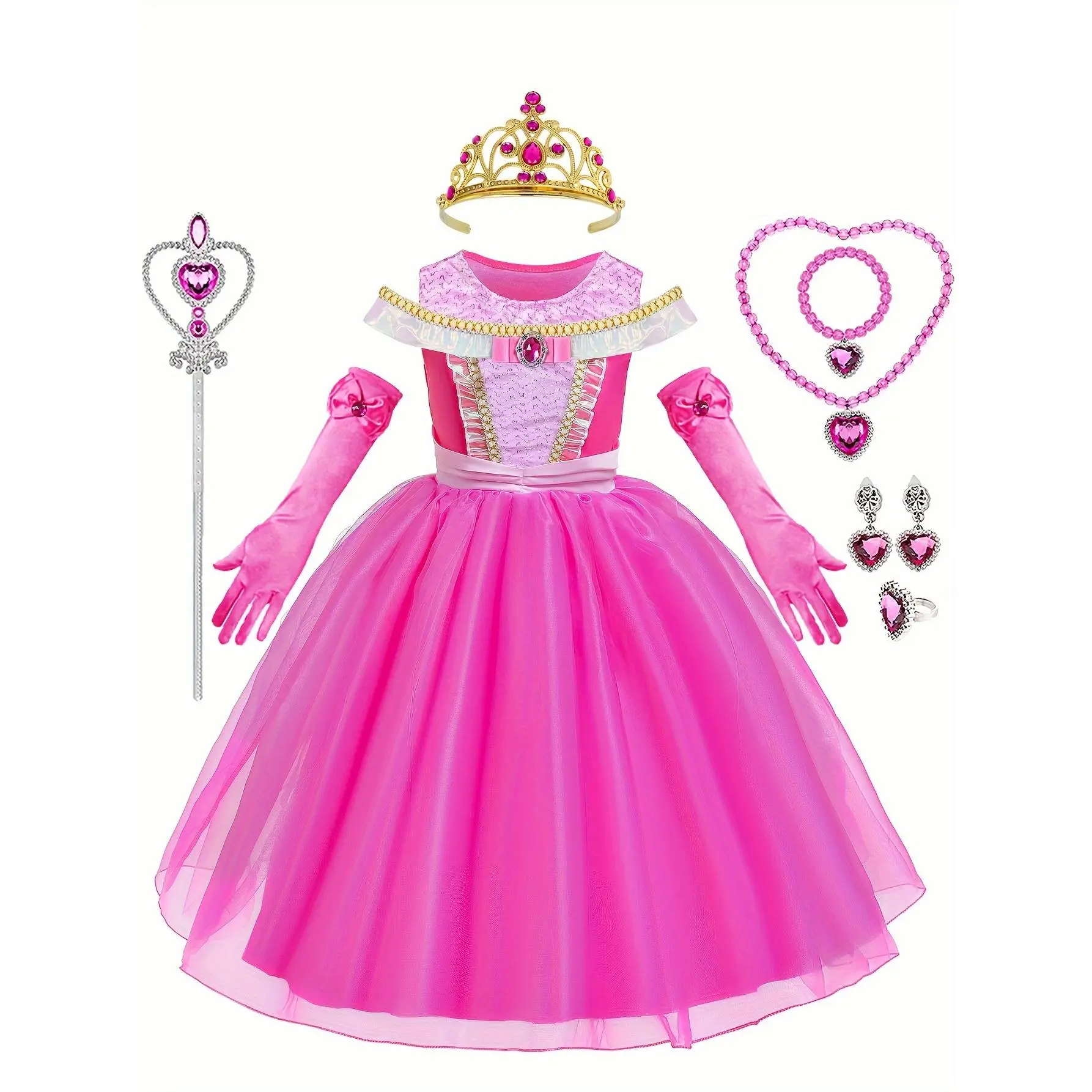 Girls' Pink Elegant Princess Costume with Crown Set - Happy Birthday, Party Wear, Halloween Outfit for Princess Look & Role-Playing Costume Ideas, Polyester Fits, 3 - 4 Years, Polyester Clothes, Fits Sizes, Costume Dress