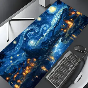 Van Gogh Abstract Art Starry Night Design Large Gaming Mouse Pad,Aesthetic Desktop Drotection Pad,Washable Rubber Pad Non-Slip Lock Edge Multi-Size Mouse Pad Suitable For Home Office,Good Gift for Family and Friends, Gaming Desk Accessory
