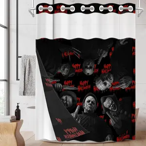 1 Pack No Hook Double Layer Shower Curtain, Halloween Horror Movie Characters Print Bath Curtain, Waterproof, Mildew Resistant, Durable Fabric, Spooky Home Decor, Removable Liner, Top See-Through Window, Partition Curtain 71"×74"