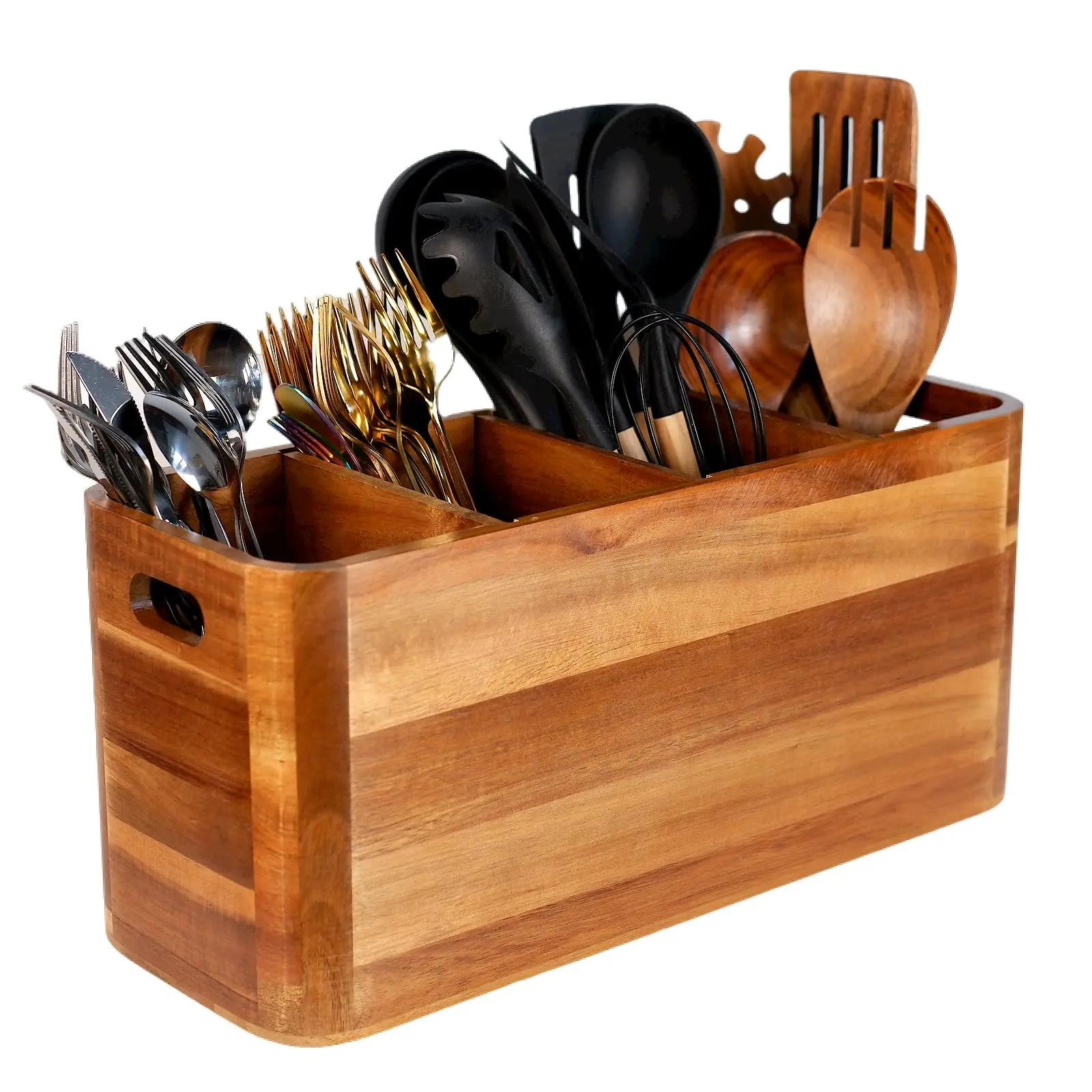 Wooden Kitchen Utensil Holder Organizer Desktop cutlery storage for Counter or Countertop, Large Wooden Utensil Holder for Storage Cooking and Silverware with 4 Compartment, Acacia Rustic Wood Container Extra Large