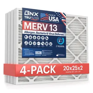 BNX TruFilter 20x25x2 Air Filter MERV 13 (4-Pack) - MADE IN USA - Electrostatic Pleated Air Conditioner HVAC AC Furnace Filters for Allergies, Pollen, Mold, Bacteria, Smoke, Allergen, MPR 1900 FPR 10
