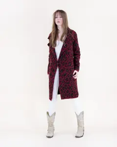 Original USA Women's Leopard Jacquard Knit Long Coatigan - Soft Polyester Blend, Notch Lapel Collar, Open Front, Relaxed Longline Fit, Casual Elegant Womenswear Cardigan