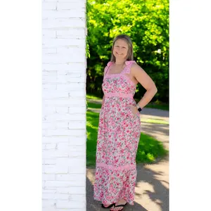 Pink Floral Lace Tied Strap Maxi Dress