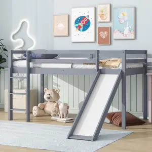 Twin Size Low Loft Bed with Slide, Ladder, Safety Guardrails, Rubber Wood Twin Loft Bed Frame
