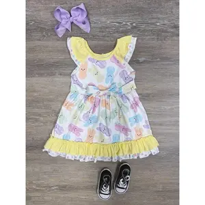Pastel Peeps Girls or Toddler Lace Ruffle & Yellow Trim Tie Belt Easter Bunny Dress