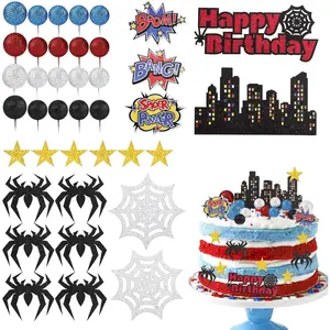 F-PSD09  38pcs Spider Theme Cake Toppers, Spider Cake Decorations Foam Balls Happy Birthday Spider Web Decorations for Boys Men Birthday Baby Shower Spider Theme Parties Colorful Star
