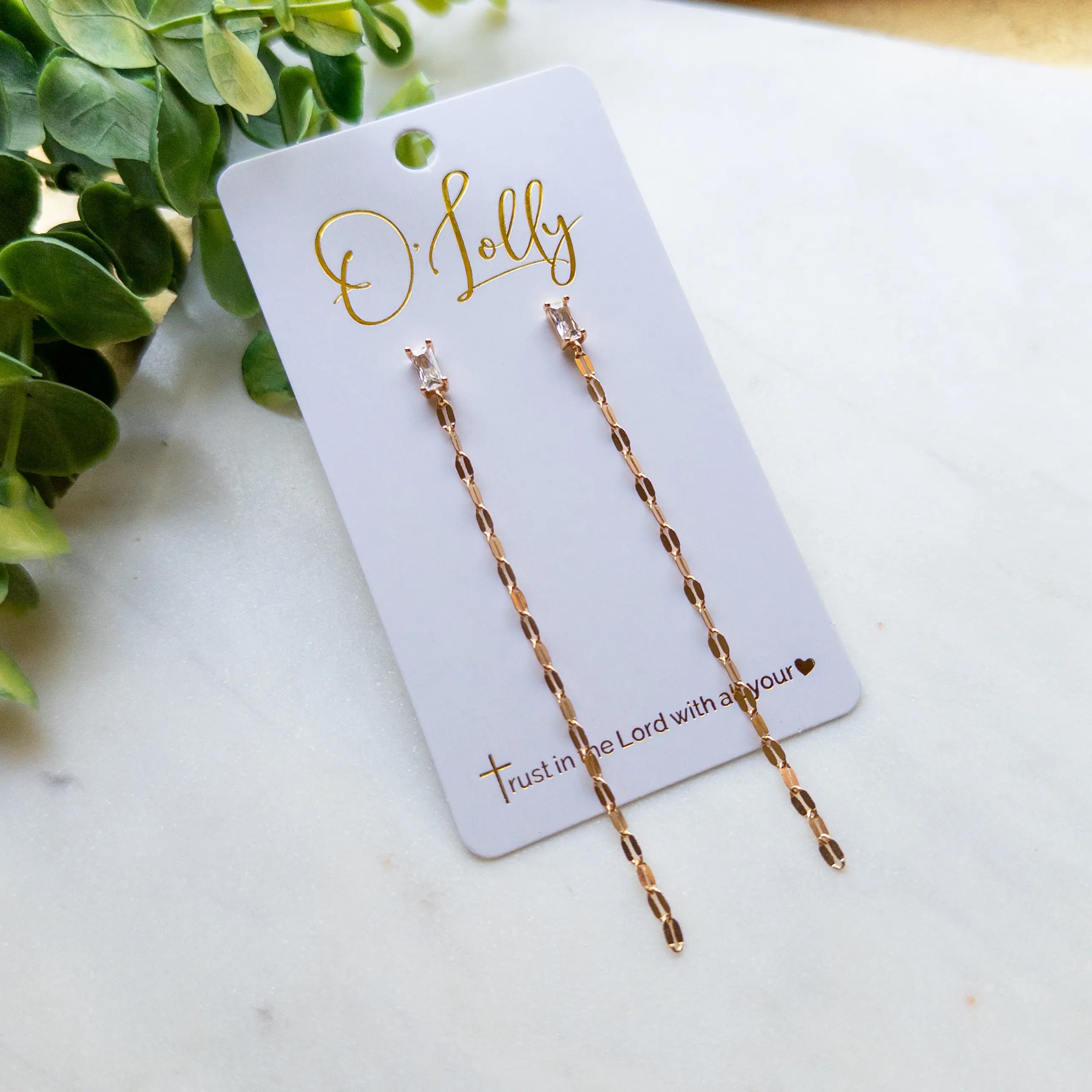 Gold Rectangle CZ Chain Drop Earrings