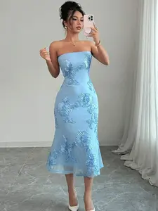 🌸 Vacation Style Mesh Sleeveless Dress With 3D Floral Decor, Elegant Summer Look.