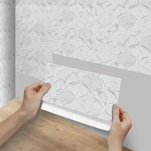 6/12/24/48 PCS FG Retro Tile Stickers White Wave Lattice Marble Pattern PVC Crystal Film Self-Adhesive Waterproof Oil-Proof Splashback for Kitchen Bathroom Floor Tile Wood Home Decoration