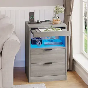 Sikaic Nightstand with Pull-Out Shelf Wireless Charging Station and LED Lights Sikaic Nightstand with Pull-Out Shelf Wireless Charging Station and LED Lights