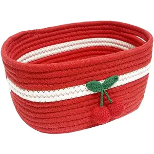 Christmas Cotton Rope Woven Basket with Handle, Cute Decorative Storage Bin for Gifts and Decorations, Festive Holiday Organizer Gift Box