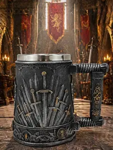 The Armored Kingdom 16oz Swords of Glory Novelty Circle Mug - Medieval Epic Fantasy Drinkware, Sword Motif, Heavy-Duty Resin Exterior, Stainless Steel Stirring Cup, Washable Kitchenware, Reusable Stylish Option