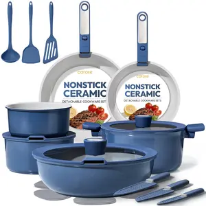 Carote 15 Pcs Ceramic Cookware Set, Non Stick Pots and Pans with Detachable Handles, Oven Safe, Induction Cookware, Stackable Kitchen Set, Blue