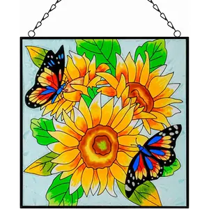Sunflower and Butterfly Stained Glass Window Hangings 11" Glass Suncatchers Panel with Chain Window Hanging Decor Gifts for Butterfly and Flower Lover, Mom, Wife, Friend