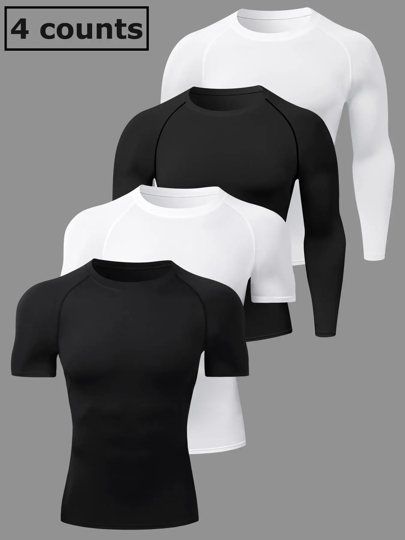 Men's Plain Round Neck Sports Tee, 2 Counts Short Sleeve Top & 2 Counts Long Sleeve Top, Quick Drying Breathable T-shirt, Summer Fall Outfits