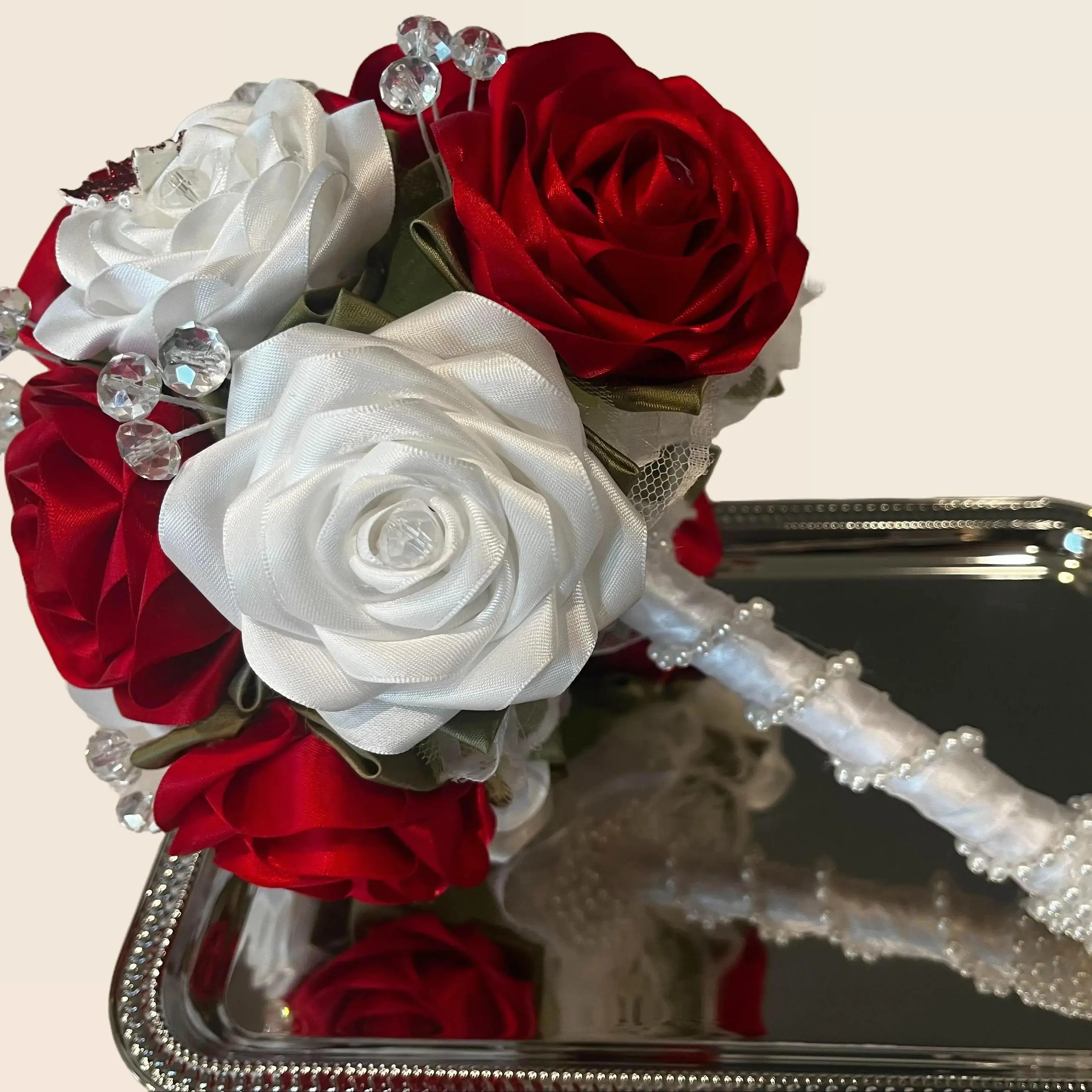 Red and White Ribbon Roses Wedding Bouquet - Handmade & Customizable Sustainable Keepsake