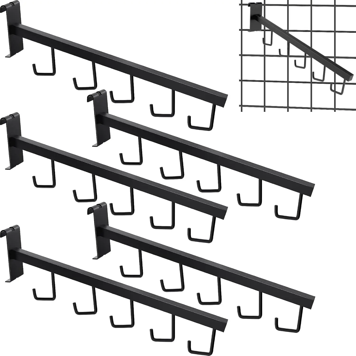5 Pack Gridwall Waterfall Faceout With 5 Hooks - Clothes Hanger, Rectangular Tube Display for Wire Grid and Grid Wall (Black)