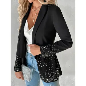 [Rhinestone Decor] Long Sleeve Blazer Coat |   Shawl Collar |   Rhinestone Decor