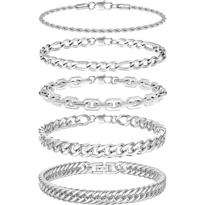 CASSIECA 5Pcs Chain Bracelet for Men Women-Stainless Steel Mens Bracelets Cuban Link Chain Silver Tone Hip Hop Curb Bracelet Set Men's Jewellery Gifts 21/23CM
