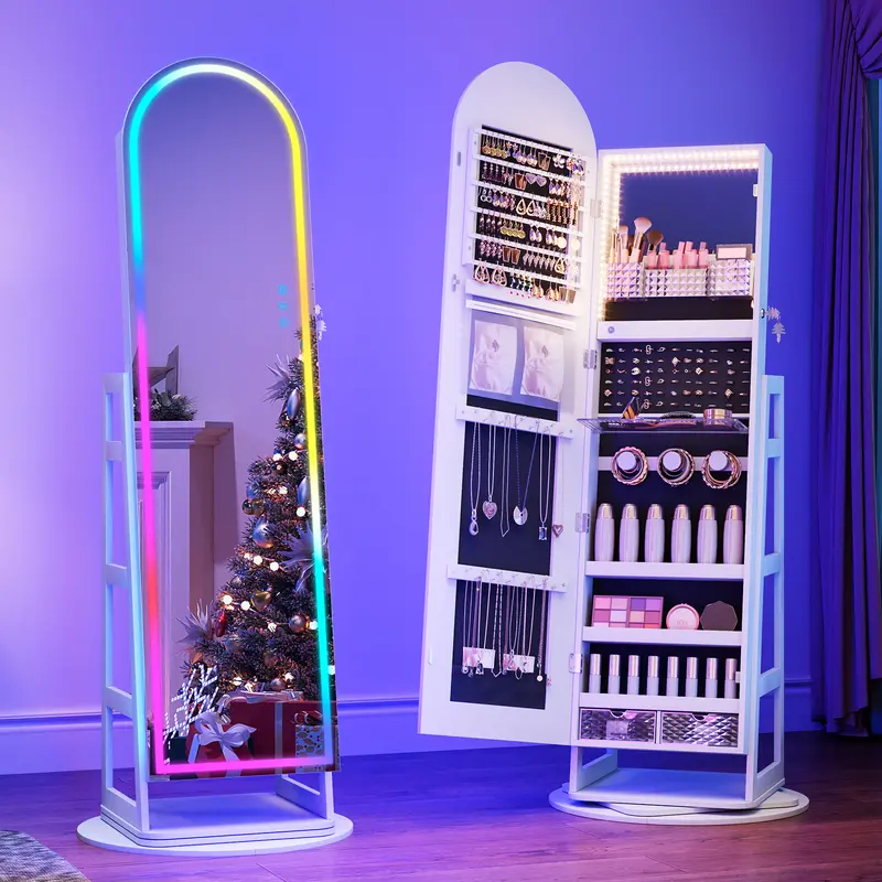 Dystler Lockable Standing RGB Illuminated Mirror Jewelry Organiser Cabinet - Arched Full Body Mirror Armoire, 3 Adjustable Color LED Modes, Compact, Rotatable 360°, Shelves, Ideal Bedroom Gift for Girls Wooden White