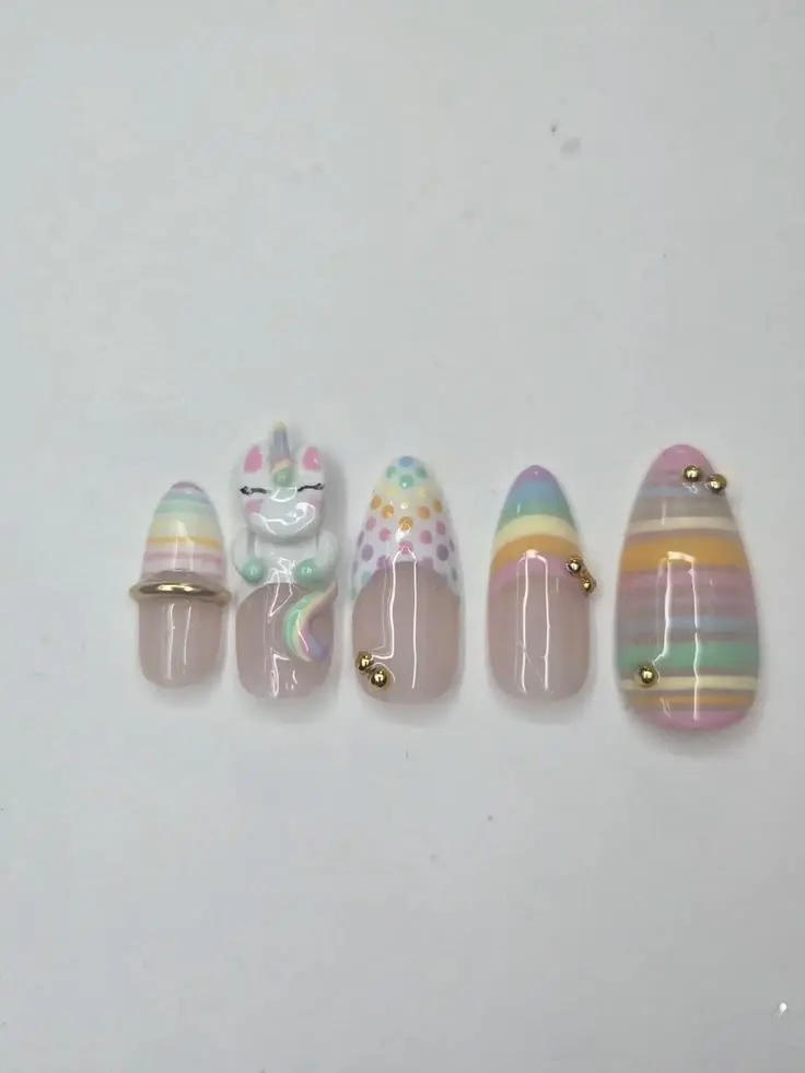 Handmade Pastel Unicorn Press On Nails, 3D Rainbow Stripes Polka Dot Nail Art, Kawaii Gold Hardware Accents, Cute Fantasy False Nails, Y2K Nail Set | Free Adhesive Tabs Nail File Cuticle Stick