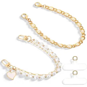 2Pcs Pearl Beaded Phone Charm Wrist Strap, Gold Metal Scraf Purse Bag Charm Chain, Cute Bracelet Wristlet Lanyard, Double Chain for Case, Wallet, Keychain, Camera