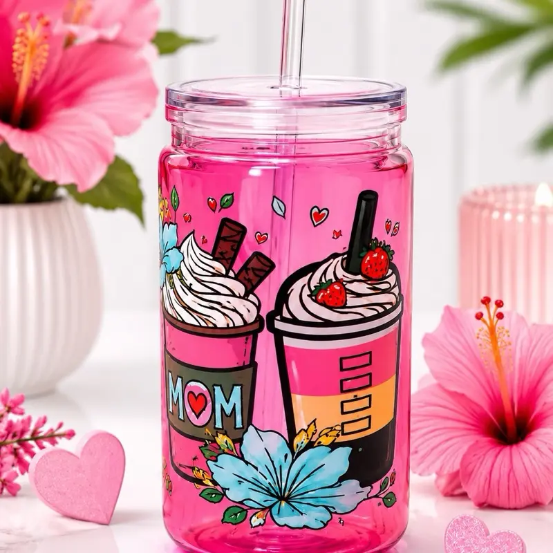 Pink Mom Snow Globe Tumbler with Straw | 16oz Acrylic Glitter Cup | Mother’s Day Gift | Reusable Iced Coffee Cup