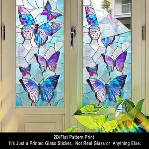 1PC, 2D Flat blue butterfly fluttering pattern frosted glass window film, transparent PVC adhesive glass door and window decoration, removable and reusable glass stickers. 17.71x39.37 inches (45x100 cm), suitable for home, kitchen, room, indoor festival p