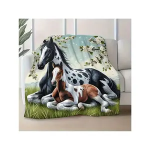 1pc Soft Flannel Blanket - Black Horse & Floral Print Design, All-Season Cozy Throw Bed, Travel, Camping, Office, Sofa - Contemporary Style, Portable & Warm, Travel Blanket |   Floral Print Blanket |   Texture, Horse Blanket