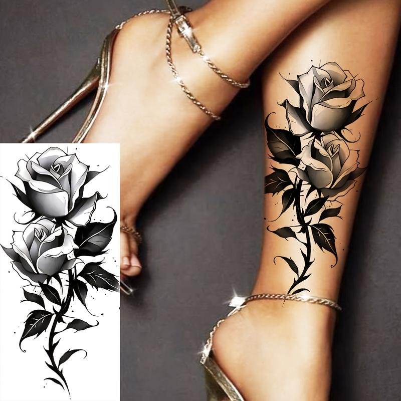 Black Rose Thorn Realistic Solid PVC Glitter Temporary Tattoos - 6 Waterproof Stickers (3 Fixed, 3 Assorted Designs) - Glass & Metal Art, Metal-Adherent - Party Favors for Adults & Children, Casual Use on Hands, Shins, Ankles, Arms, Feet, Fingers
