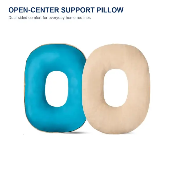 Oval Open-Center Support Pillow, Dual-Sided Bed and Chair Cushion, 17.7 x 13.8 Inch Lightweight Comfort Pillow for Resting, Reading, Home and Travel, Blue and Beige