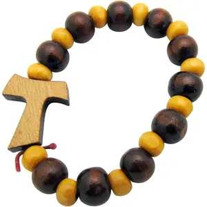 Tau  of Saint Francis Wooden Beads Rosary Bracelet Christian Fashion