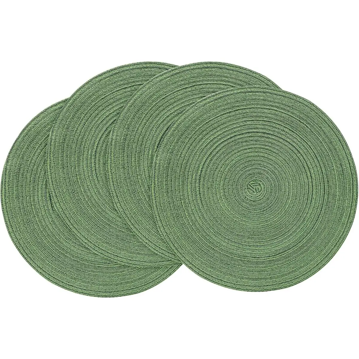 15-Inch Round Braided Fabric Placemats & Coasters Set of 4, Washable Heat-Resistant Cotton-Polyester Kitchen Dining Table Mats - Forest Green