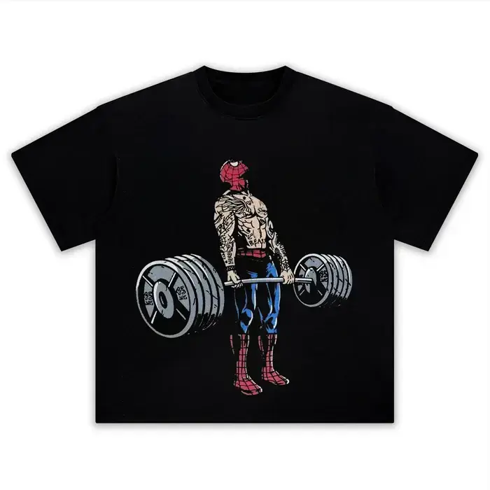 Unisex Oversized Vintage Distressed Black Official MCU Spider-Man Heavy Cotton Sports Tee/Tank Top - Same Tattoo Muscular Deadlift Barbell Logo Wordmark Graphic Front Print, Gym Workout Casual Outfit
