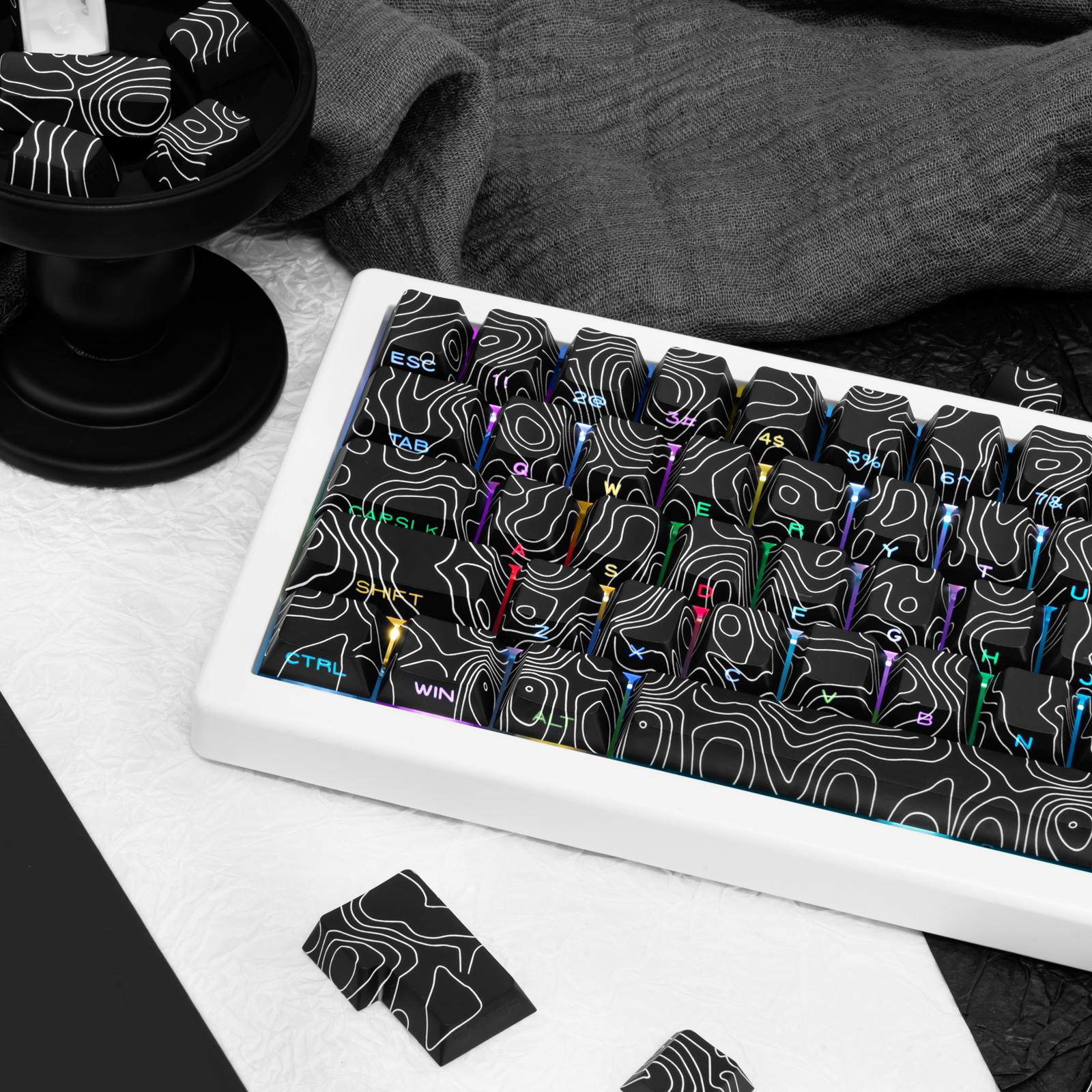 131-Key Black Topographic PBT Keycaps, Cherry Profile Side Printed Shine Through Dye Sublimation Custom Keycaps Compatible with All MX Switches Only Keycaps
