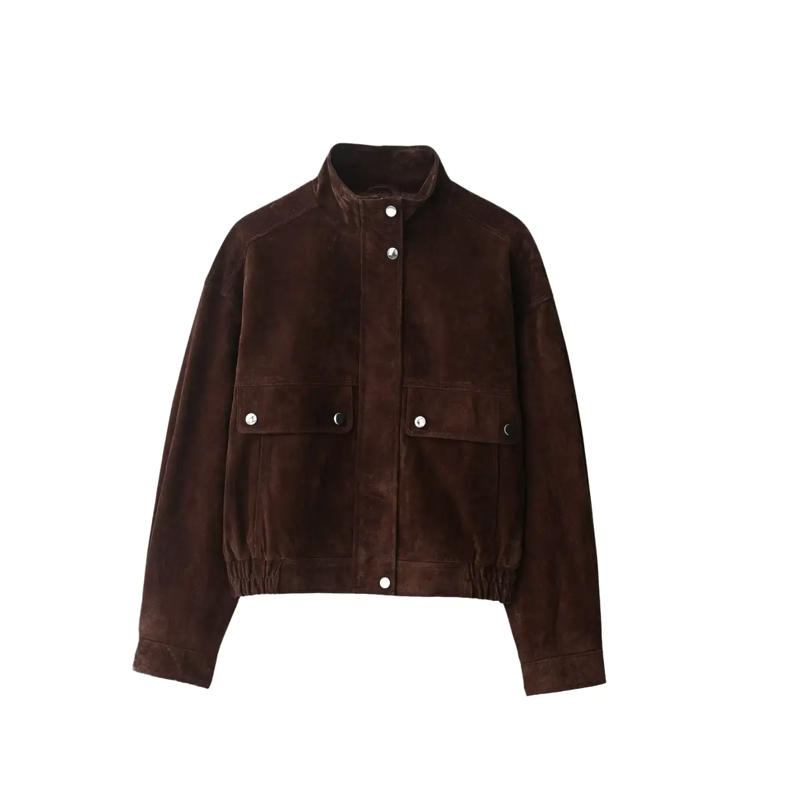 Brown Suede Jacket Women’s Autumn Fashion Oversized Streetwear Chore Coat w/ Big Pockets Soft Warm Faux Suede Relaxed Fit Elastic Hem Silver Button Closure