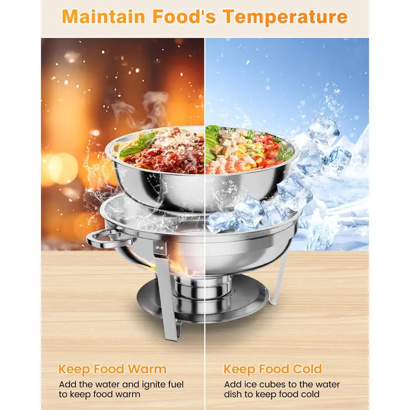 Garvee Round Professional Stainless Steel Chafing Dish 5QT Round Buffet Server & Warmer Rust Resistant Casserole Cooking Container 2 4 or 6 Pack Options