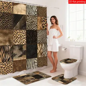 1PC/4PCS Leopard and Zebra Print Patchwork Shower Curtain Set, Home Bathroom Decoration, Waterproof Fabric with 12 Hooks, Non-slip Bathroom Rug, U-shaped Toilet Mat, Toilet Lid Mat, Bathroom Decor, Bathroom Decoration Accessories