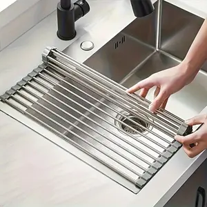 Stainless Steel Silicone Roll Up Over The Sink Dish Drying Rack, 1 Count Multifunctional & Portable Kitchen Drainer Rack, Dish Drying Organiser, Kitchen Accessories