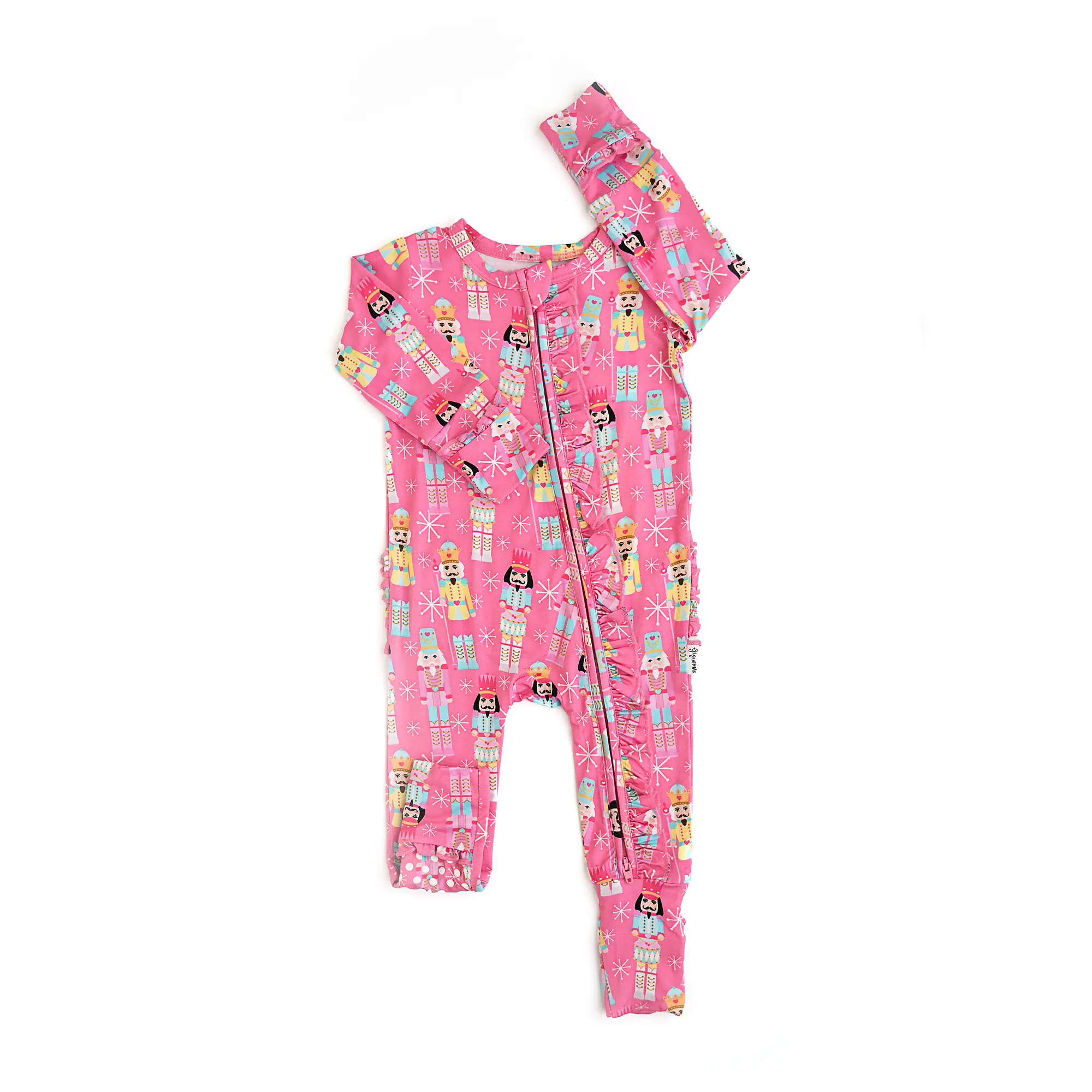 Nadia Nutcrackers RUFFLE ZIP Baby Romper with 2-Way Zipper for Easy Diaper Changes Soft Bamboo Viscose Fabric & Mitten Cuff Arm Design