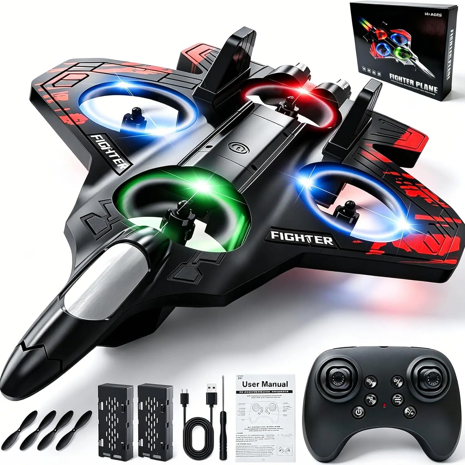 Children's Day2.4GHz Wireless Remote Control Airplane | RC Aircraft Model Suitable for Kids, Adults, and Beginners | Foam RC Plane | Equipped with Colorful LED Lights | Fighter-Glider with Auto-Return Function | Ideal Gift for Children