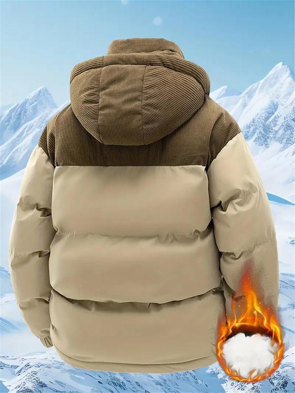 Men's Winter Hooded Jacket - Removable hood, colorblock design, warm wool-lined coat, zipper closure, casual style for cold weather, winter jacket, suitable for couples, windproof and machine washable coat Cotton Fleece Menswear Outdoor Thick