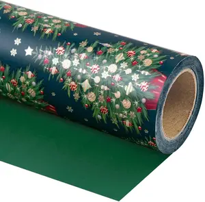 Reversible Green Christmas Wrapping Paper - Mini Roll - 17 Inch x 33 Feet - Green Christmas Tree Wrapping Paper for Holiday, Party Celebration
