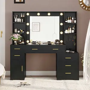 SIKAIC Modern Black Makeup Vanity with LED Lighted Mirror, Glass Top Vanity Desk with Charging Station, 8 Drawers, Enhanced Design for Bedroom